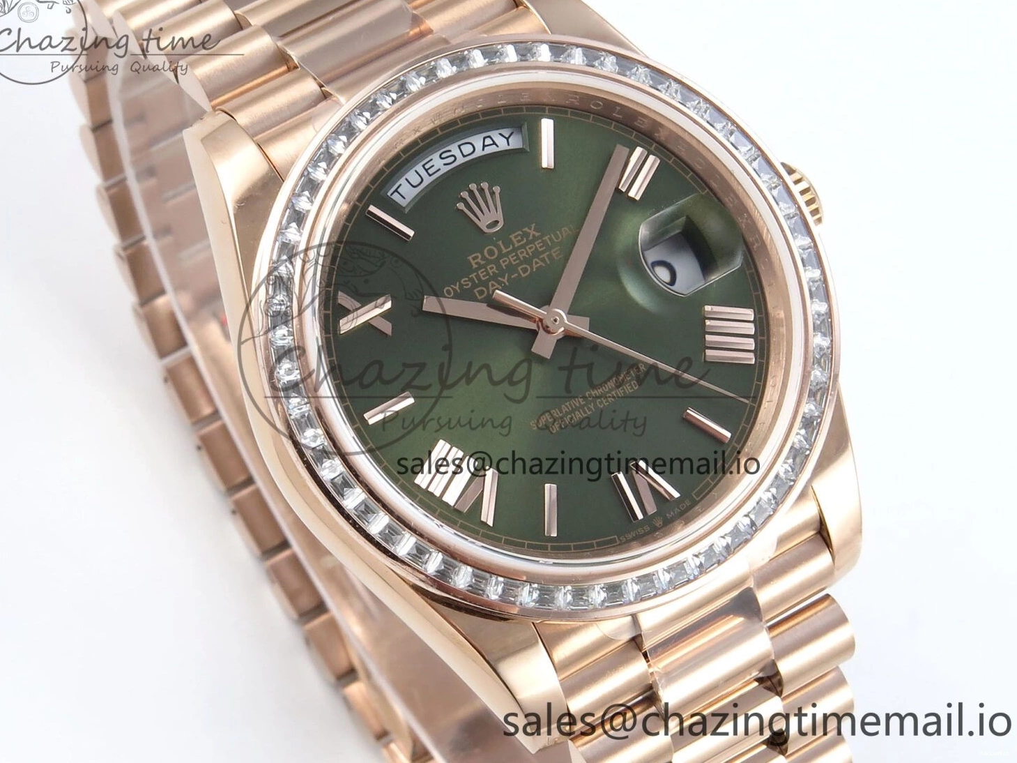 Roman on Weight) DayDate Best Green Dial President V5 A2836 1:1 Bracelet Edition 40 Bezel RG QF Diamonds (Gain 0111